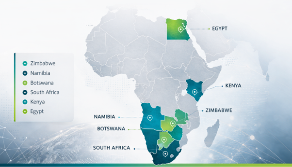 Map of Africa highlighting Solid Rock Consulting's footprint across Zimbabwe, Namibia, Botswana, South Africa, Kenya and Egypt